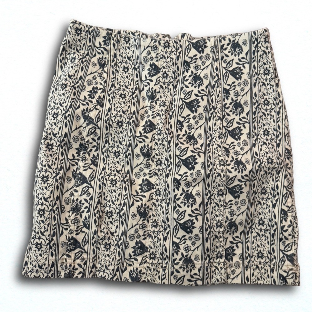 Free People Womens Floral Print Mini Skirt Cream Black Boho A-Line Size 6